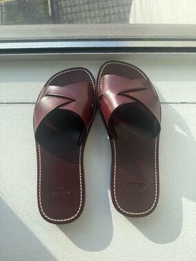 Celine Burgundy Leather Cross-Strap Slides